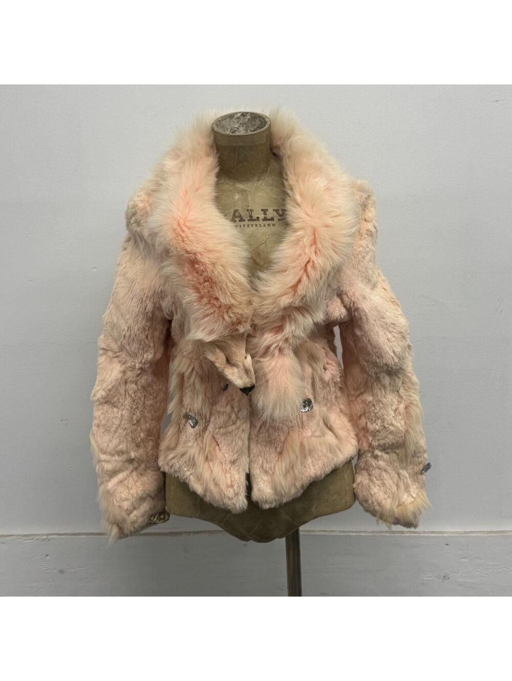 Vintage Y2K Baby Pink Pastel Rabbit & Fox Fur Jacket Coat w Rhinestones